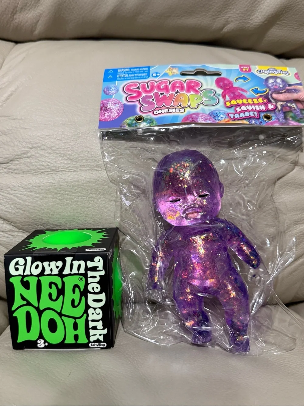 NEW NeeDoh Green Glow in the Dark Glob Ball & Sugar Swaps Onsies Baby Squishy